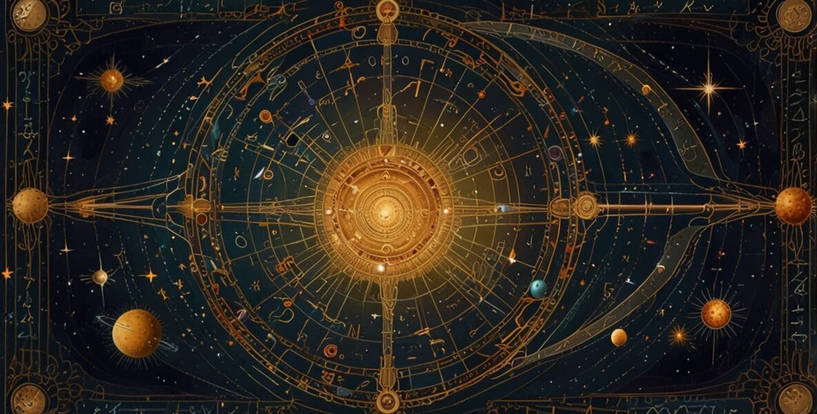 Merkür'ün Açıları: Düşüncelerinizin Gezegenlerle Dansı 1 Leonardo Lightning XL A celestial map with Mercury symbols int 0