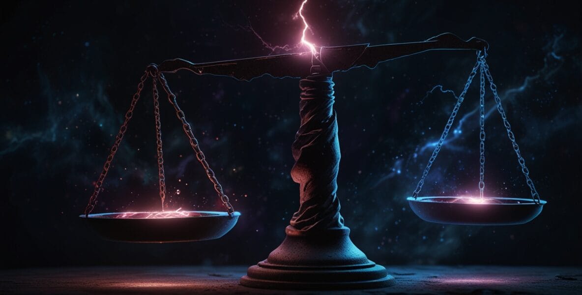 Leonardo Lightning XL A cosmic balance scale glowing in a dark 3