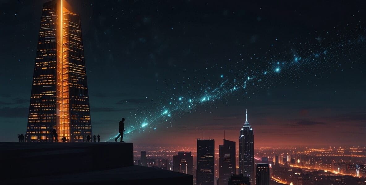 Toplum Önünde Parlamak: 10. Evdeki Gezegenlerle Kariyerinizde Yükseliş 1 Leonardo Lightning XL A glowing skyscraper with a silhouette c 1