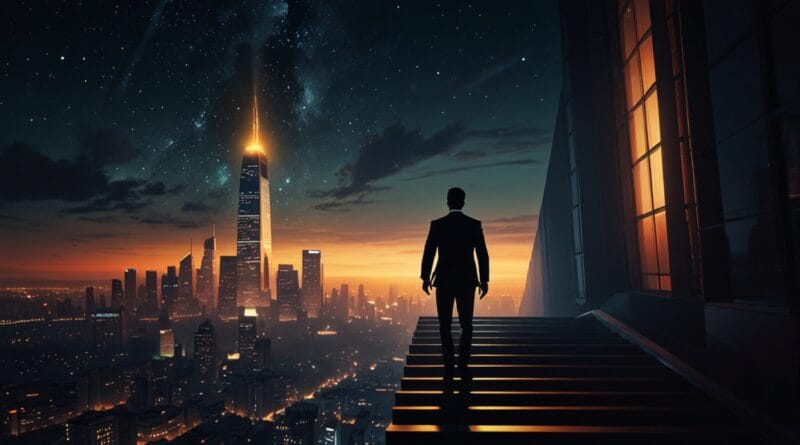 Leonardo Lightning XL A glowing skyscraper with a silhouette c 2