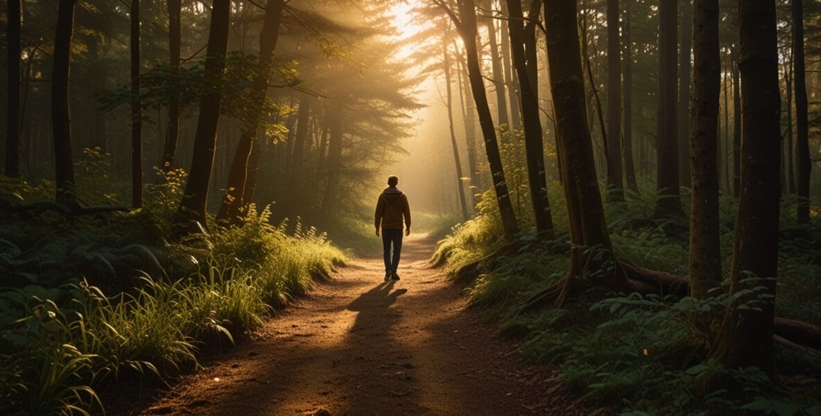 Yürüme Meditasyonu: Hareket Halindeyken Zihni Sakinleştirmek 1 Leonardo Lightning XL A serene forest path bathed in golden li 0