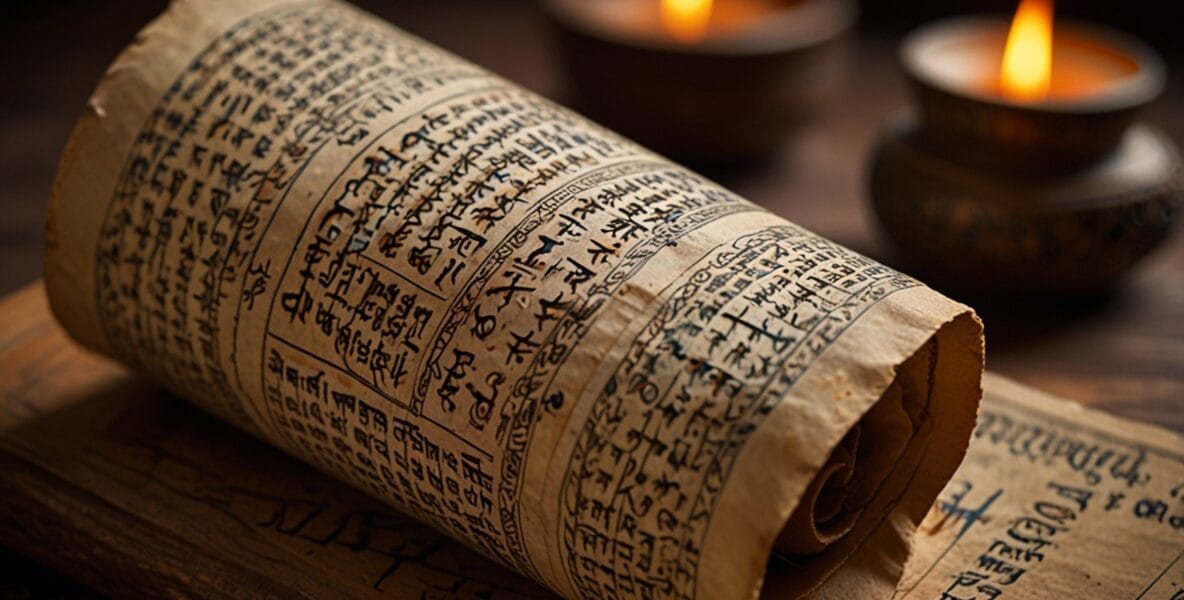 Karma'nın İlk Yazılı Kaynakları 1 Leonardo Lightning XL An ancient scroll with Sanskrit writings 1