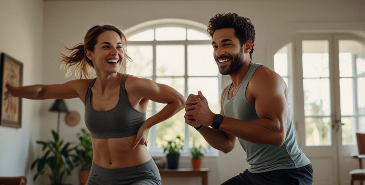 A dynamic scene of a man and woman doing 0