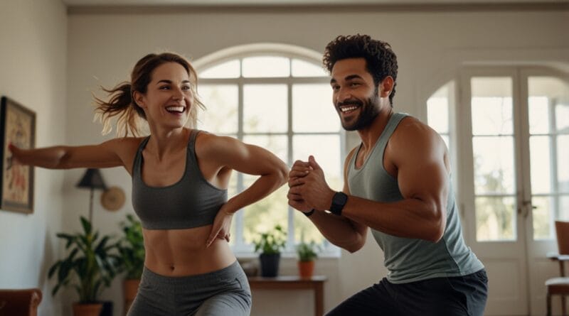 A dynamic scene of a man and woman doing 0