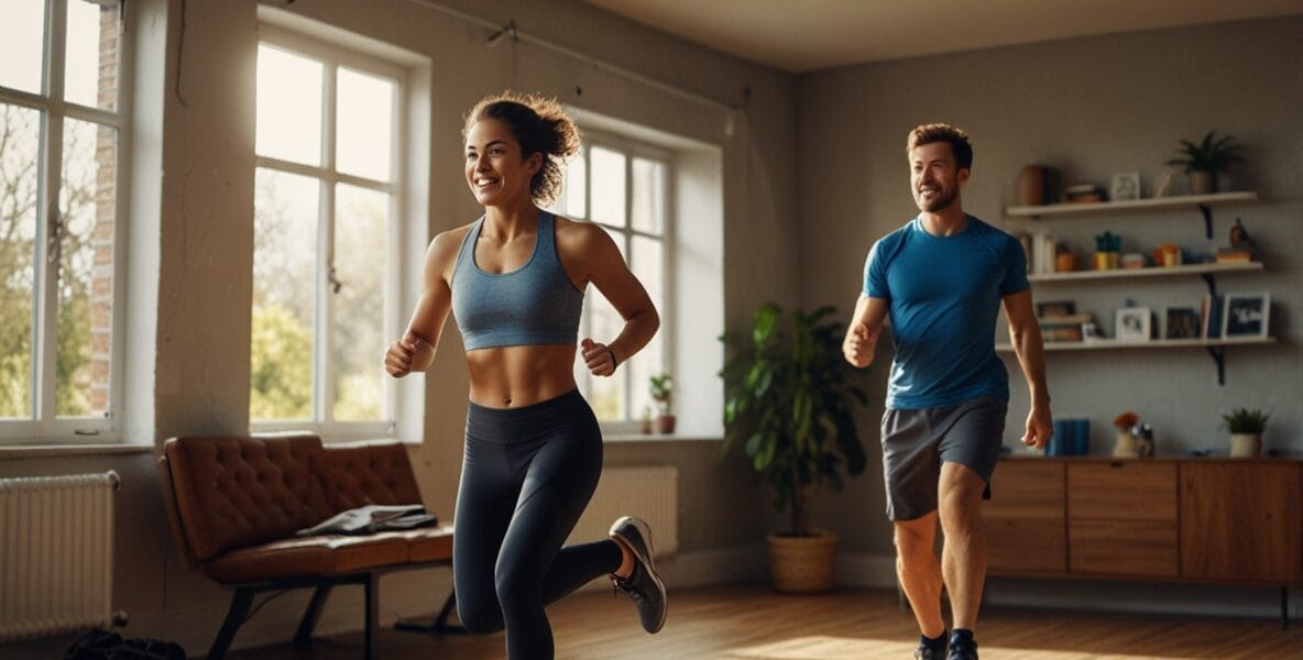 Ekipmansız Ev Egzersizleri ile Zayıflama: Evde Kilo Vermenin Yolları 1 A dynamic scene of a man and woman doing 3