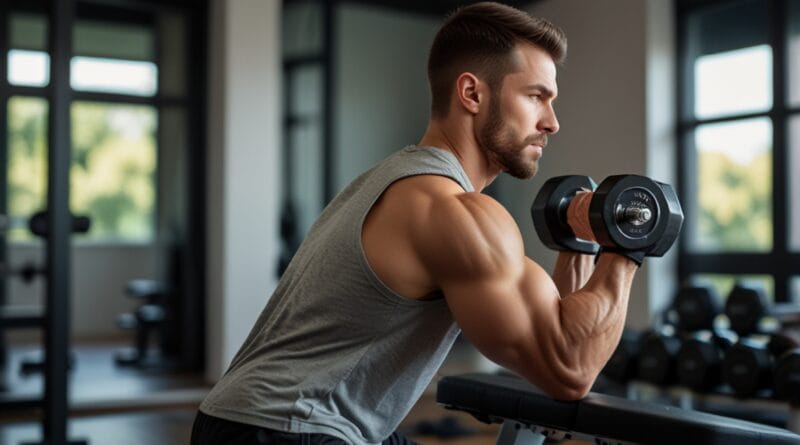 A fit individual performing dumbbell bac 2