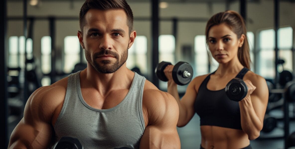 A fit man and woman standing in front of 1