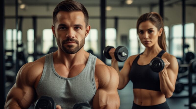 A fit man and woman standing in front of 1