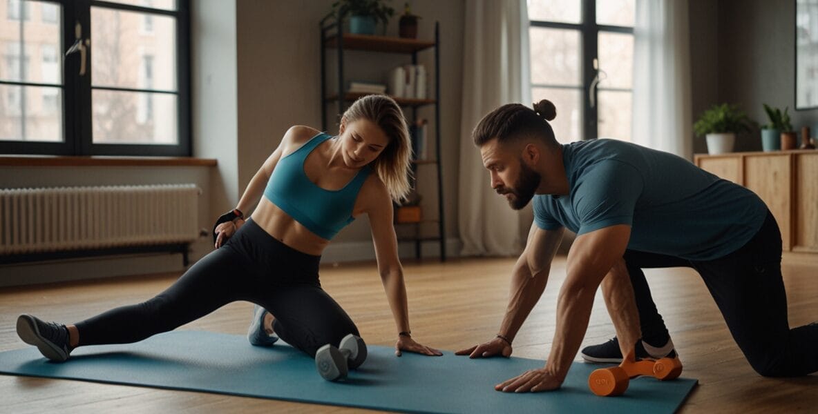 Yoga Matı ile Egzersizler: Evde Esneklik, Denge ve Güç Kazanmak 1 A fitnessfocused scene with a man and wo 0