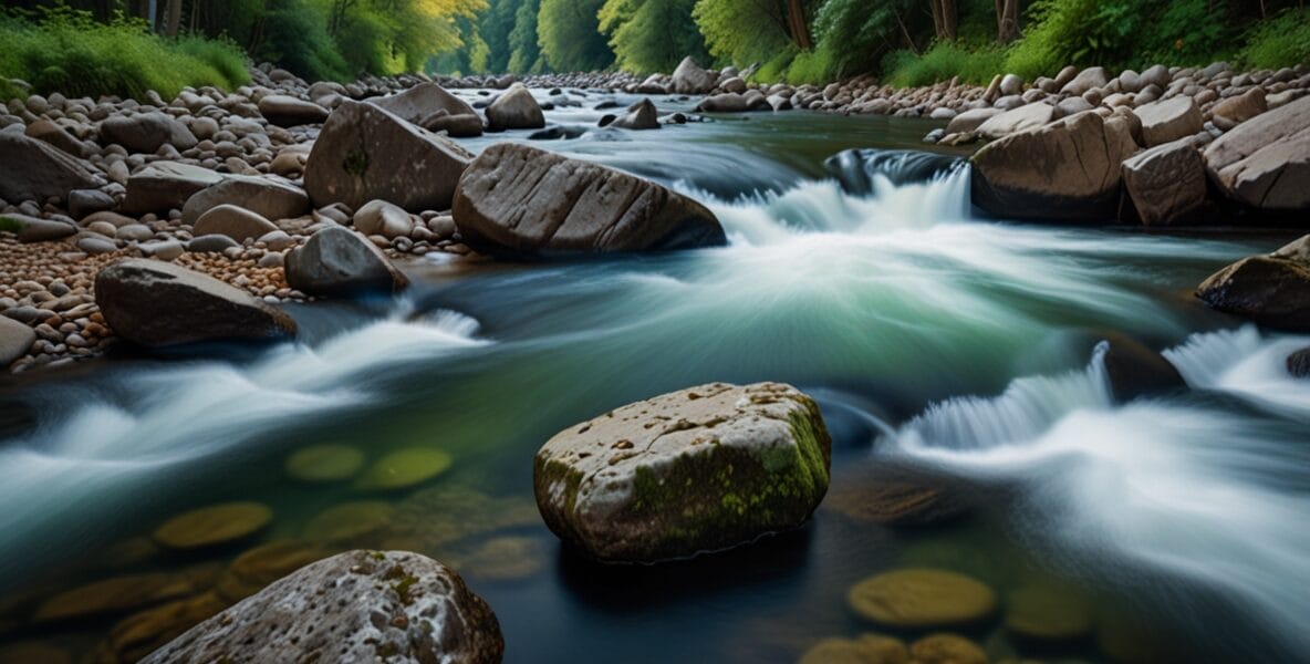 A flowing river in a lush forest symboli 1