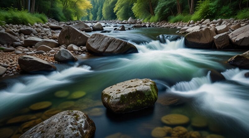 A flowing river in a lush forest symboli 1