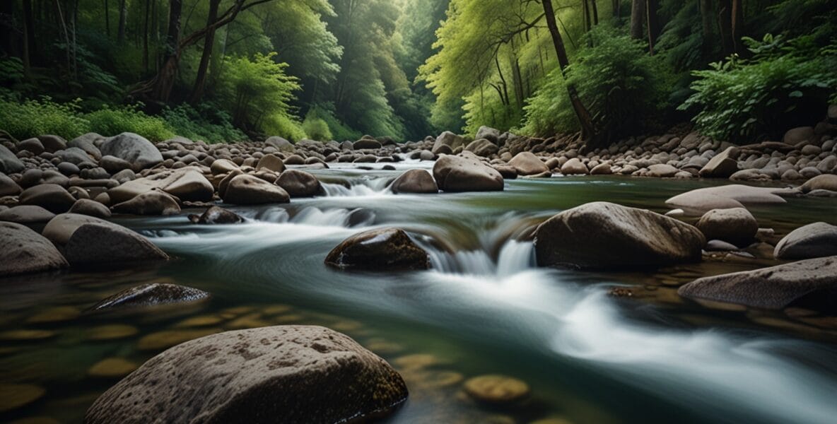 A flowing river in a lush forest symboli 2