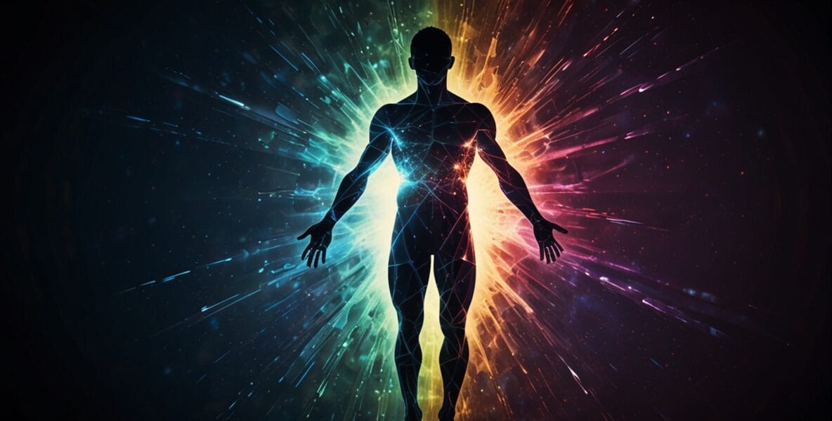 A glowing human silhouette with distorte 0