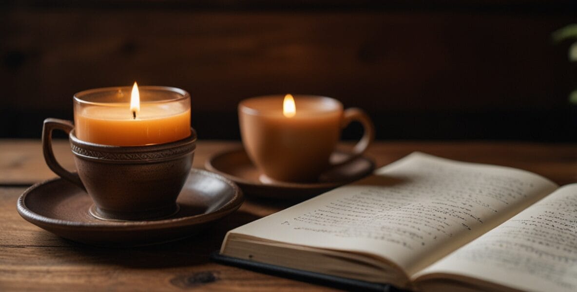 A gratitude journal open on a wooden des 1