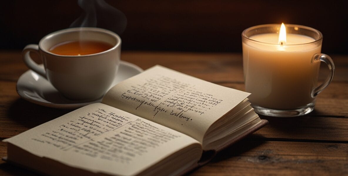 A gratitude journal open on a wooden des 2