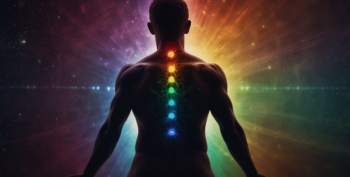 A human body with aligned glowing chakra 0