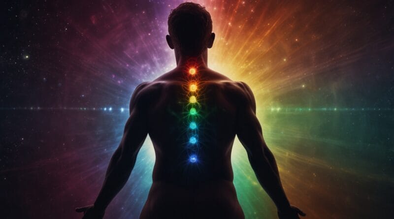 A human body with aligned glowing chakra 0