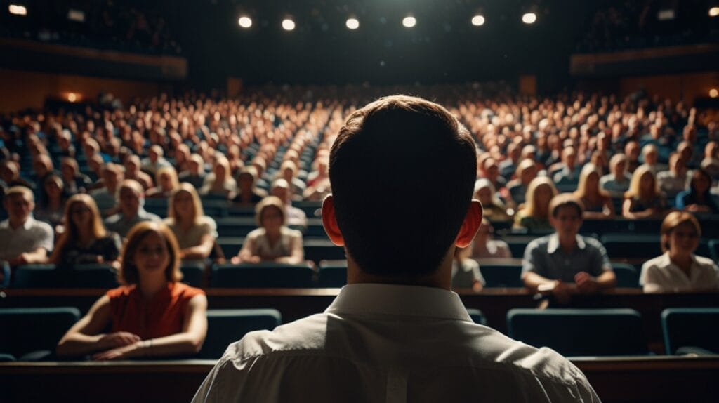 A large auditorium with a welllit stage 3