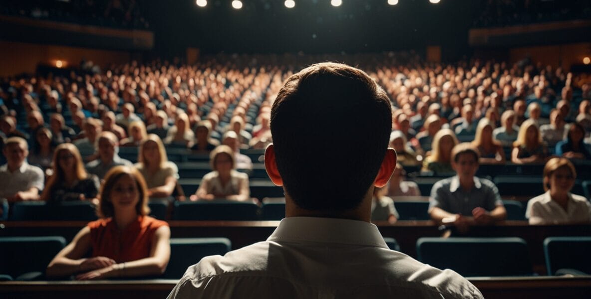 A large auditorium with a welllit stage 3