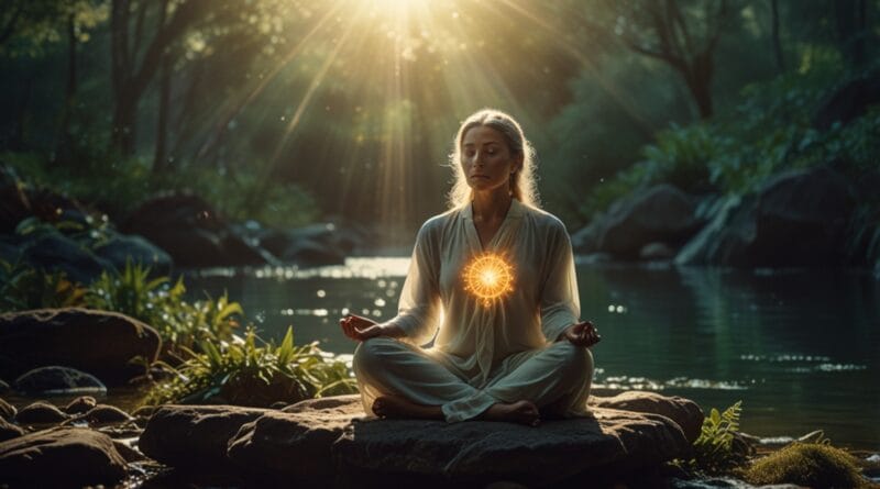 A meditative figure with a radiant expan 0