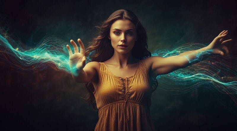 A mystical figure with glowing eyes exte 0