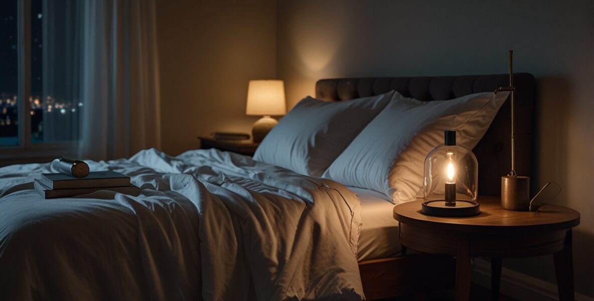 A peaceful bedroom at night with a softl 0