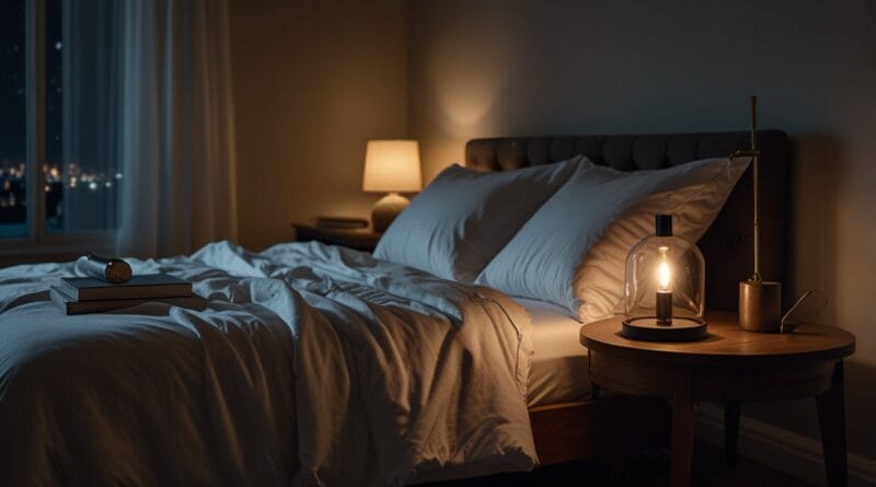 A peaceful bedroom at night with a softl 0