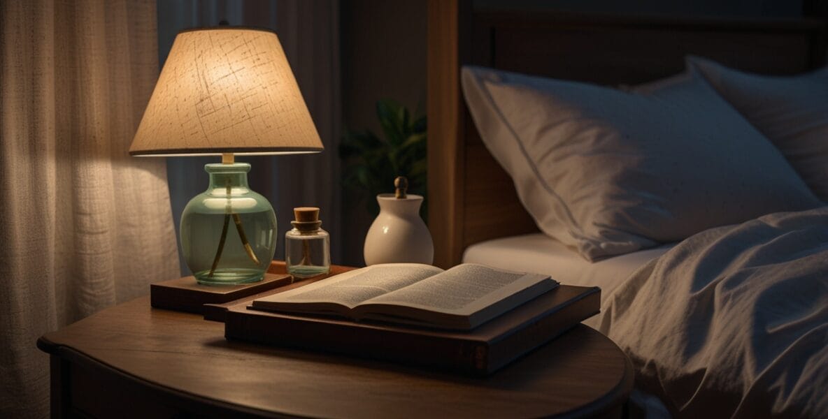 A peaceful bedroom at night with a softl 3