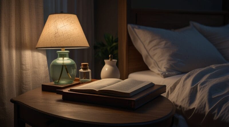 A peaceful bedroom at night with a softl 3