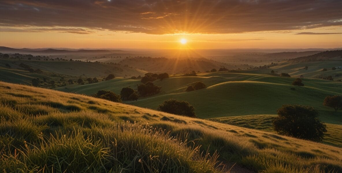 A peaceful sunrise over a vast open land 1