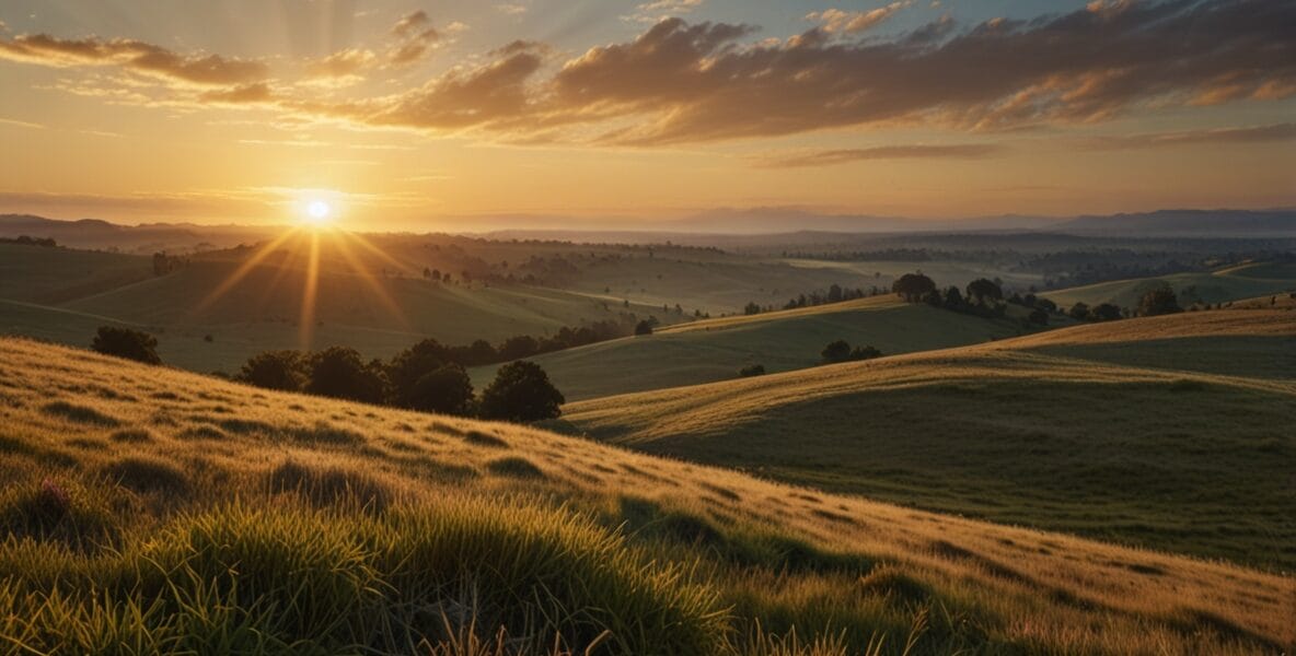 A peaceful sunrise over a vast open land 2