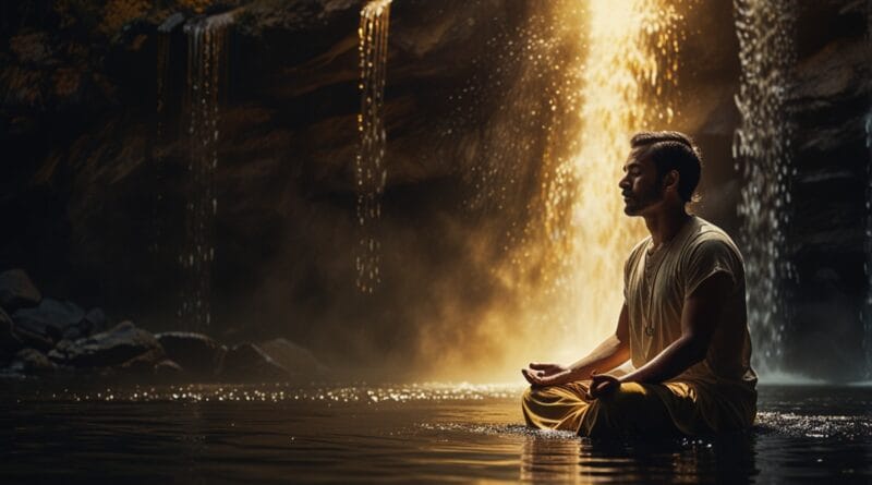 A person meditating under a waterfall of 0
