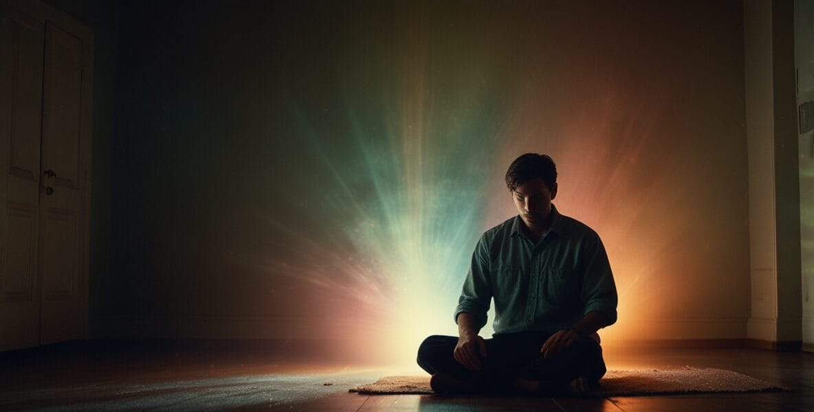 A person sitting calmly in a dimly lit r 0