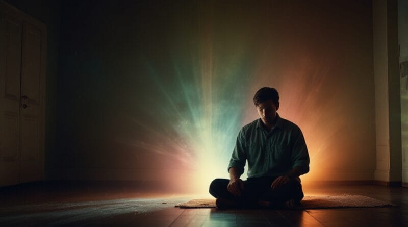 A person sitting calmly in a dimly lit r 0