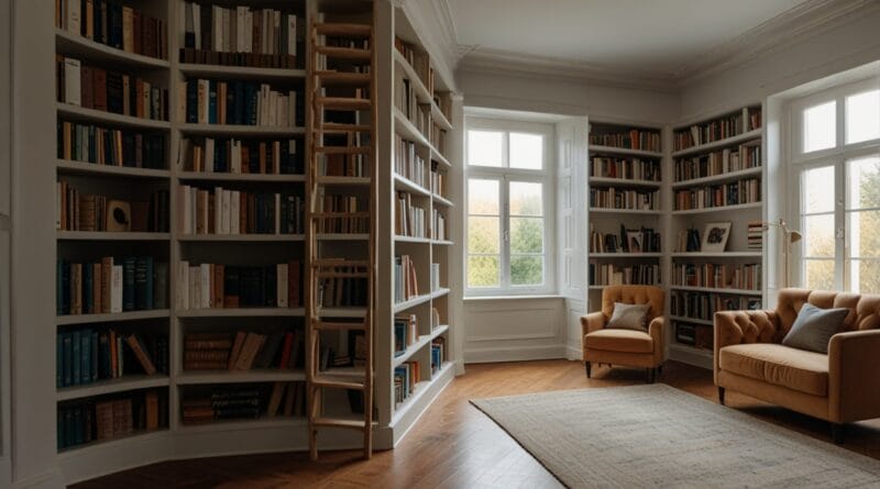 A serene library or study space with she 0