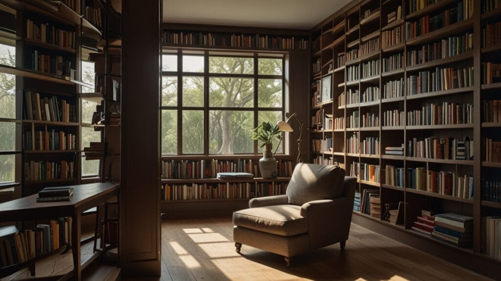 A serene library or study space with she 2