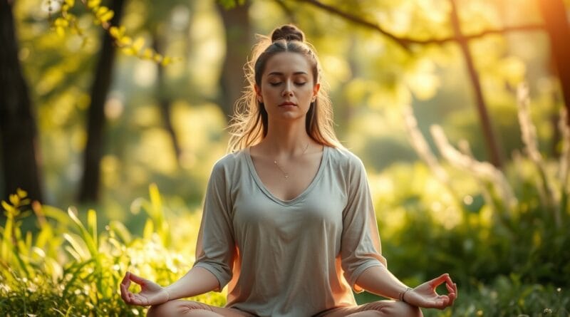 A serene woman meditating in a peaceful natural s 0