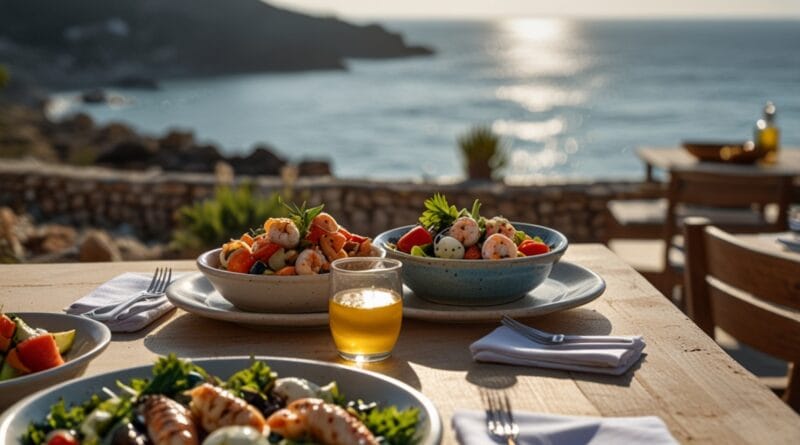 A sunlit outdoor dining area by the sea 1