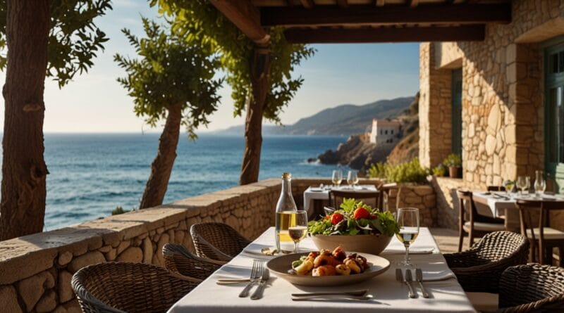 A sunlit outdoor dining area by the sea 3