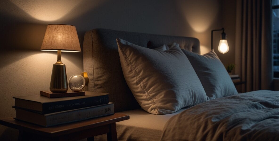 A tranquil bedroom at night illuminated 0