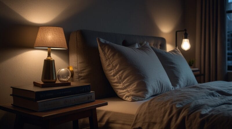 A tranquil bedroom at night illuminated 0