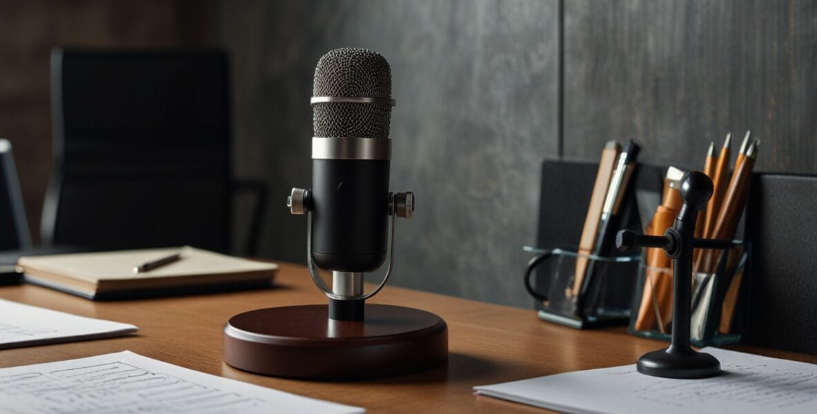 A wellorganized workspace with a microph 0