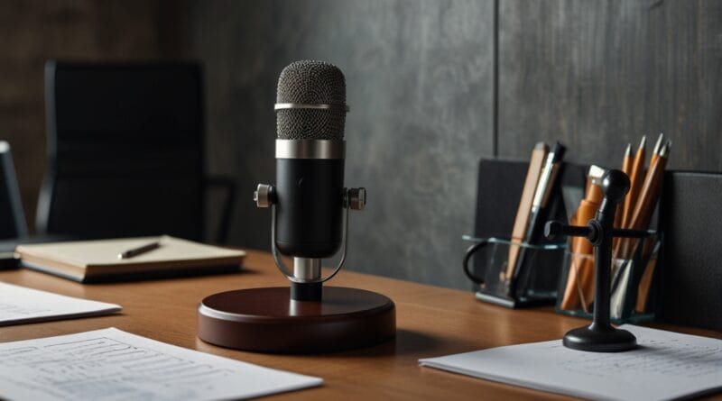 A wellorganized workspace with a microph 0