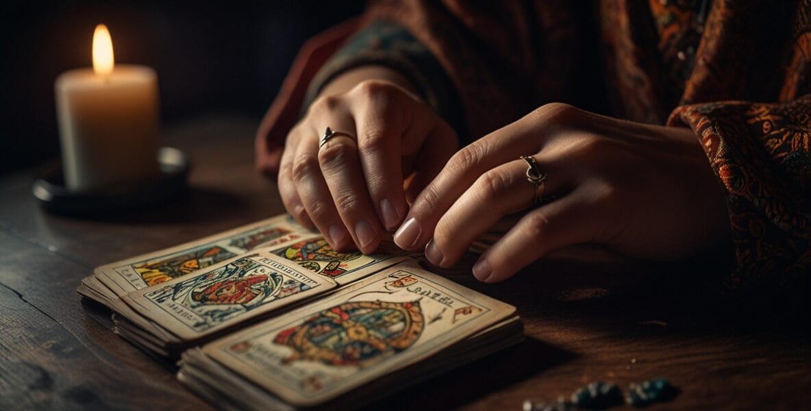 Tarot ve Hedef Belirleme: Geleceği Şekillendirmek 1 Leonardo Lightning XL A fortune tellers hands shuffling tarot 1