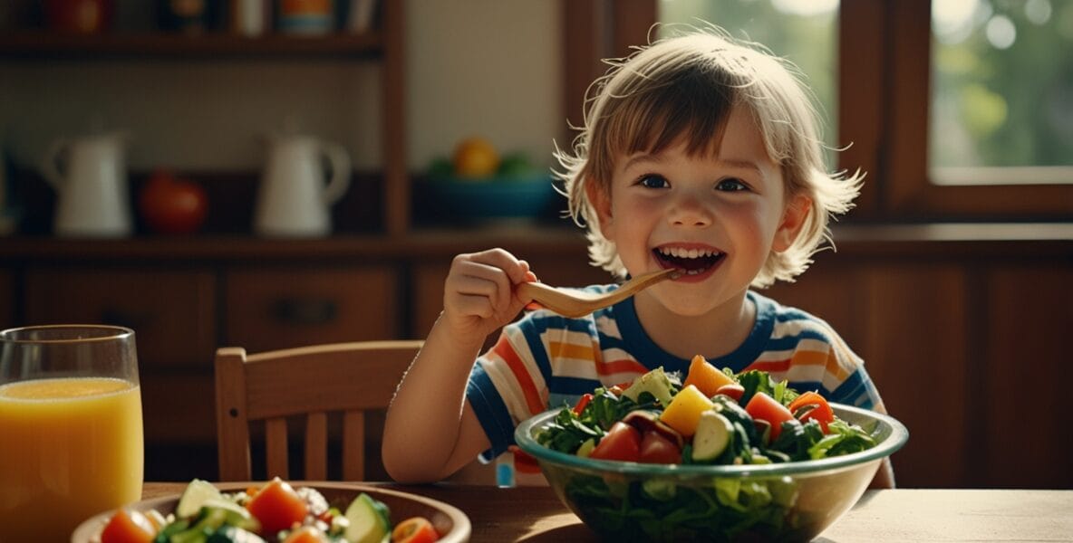 A happy child eating a rainbow salad fro 0