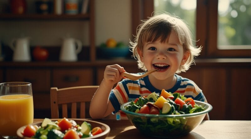 A happy child eating a rainbow salad fro 0