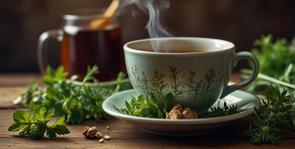 A steaming cup of herbal tea fennel mint 0