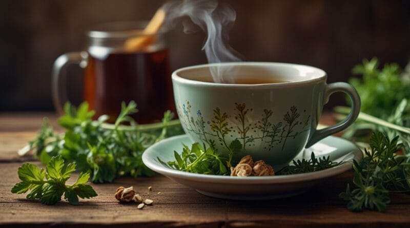 A steaming cup of herbal tea fennel mint 0