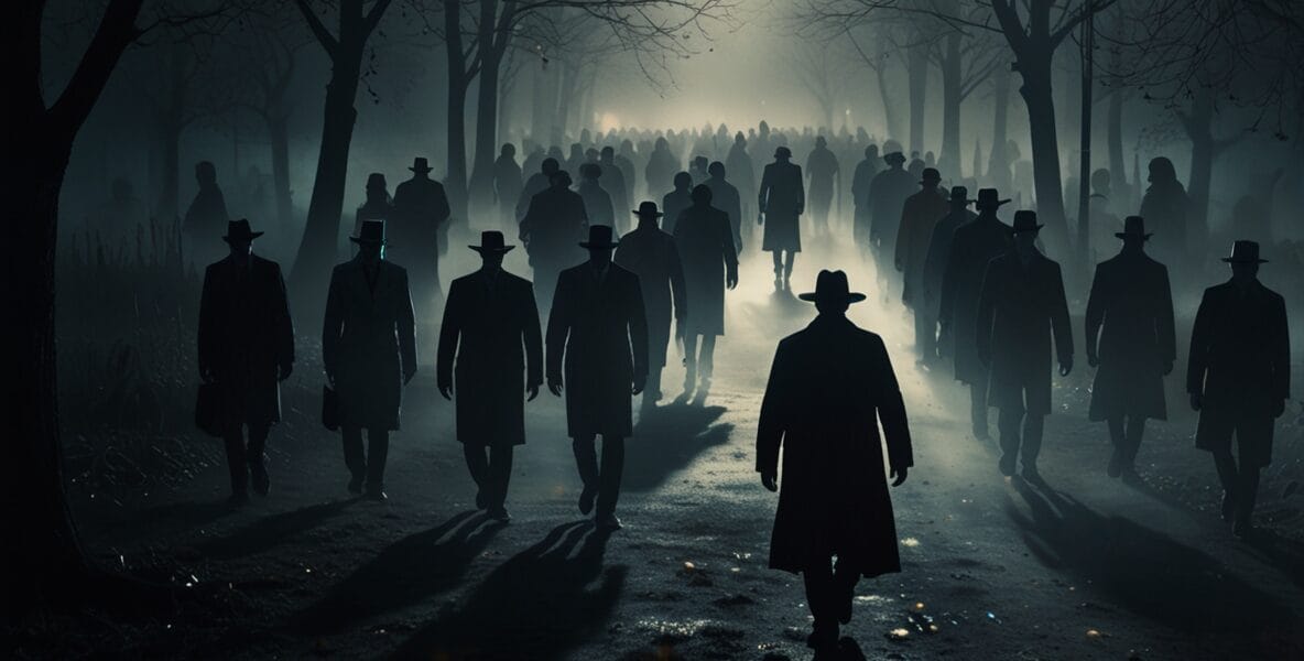 A crowd of shadowy figures with glowing 0