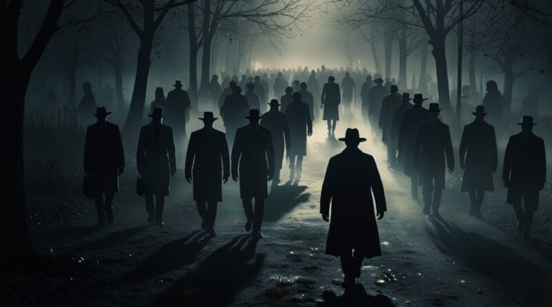 A crowd of shadowy figures with glowing 0